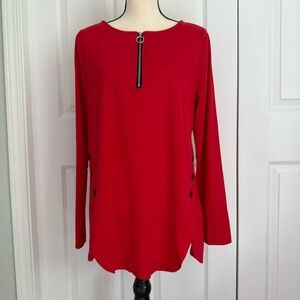 Red Long Sleeve Tunic Top with Black buttons and Zipper Detail size Large
